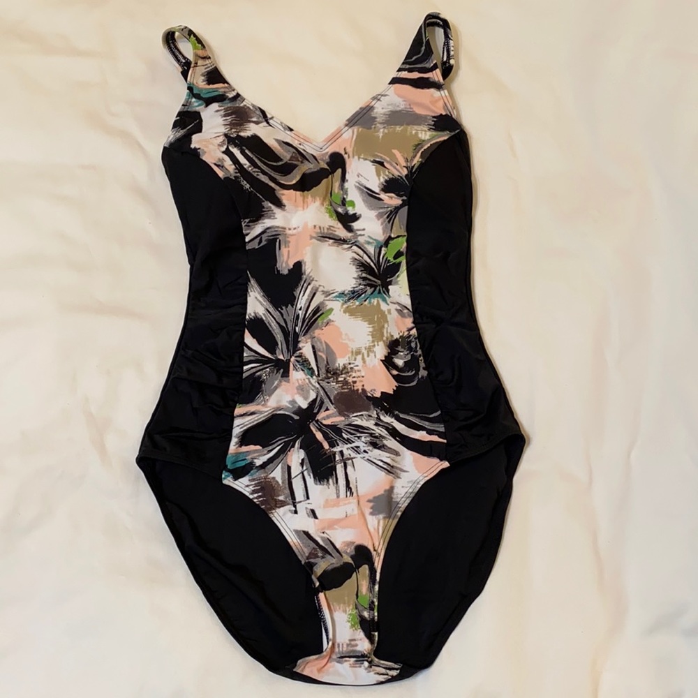 Bawdy Pink & Black Tropical One Piece Swimsuit, Large